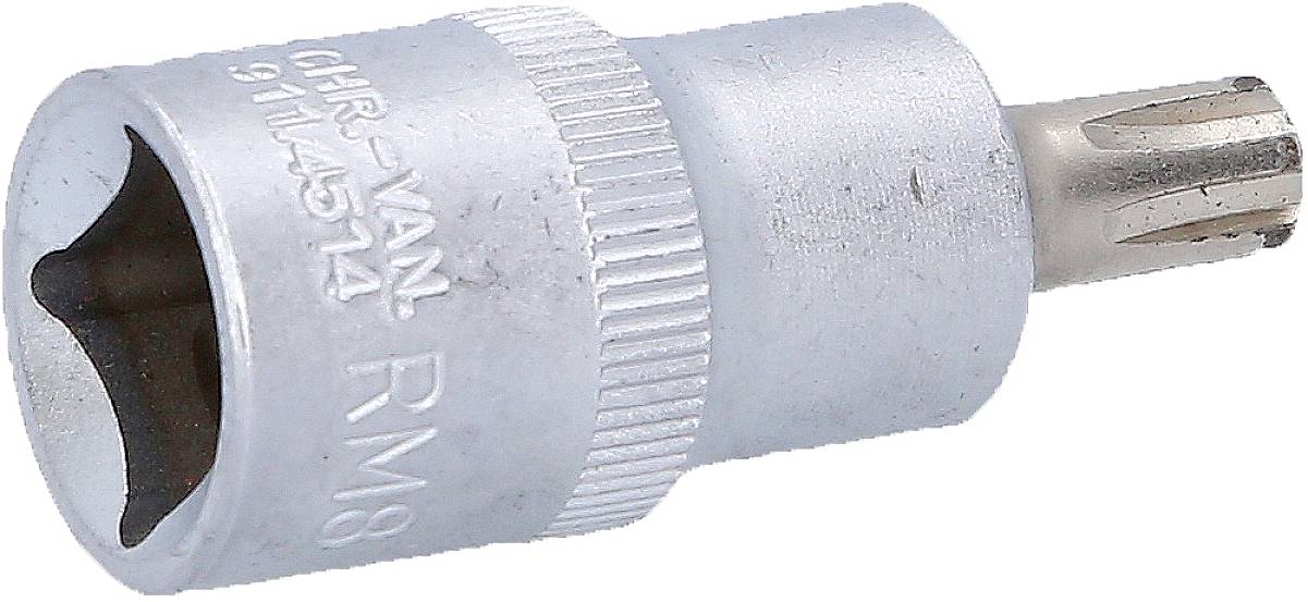 Ein silberfarbener Steckschlüsselaufsatz mit geriffeltem Griff und Beschriftung 'RM8'. Verwendet für das Anziehen oder Lösen von Schrauben.