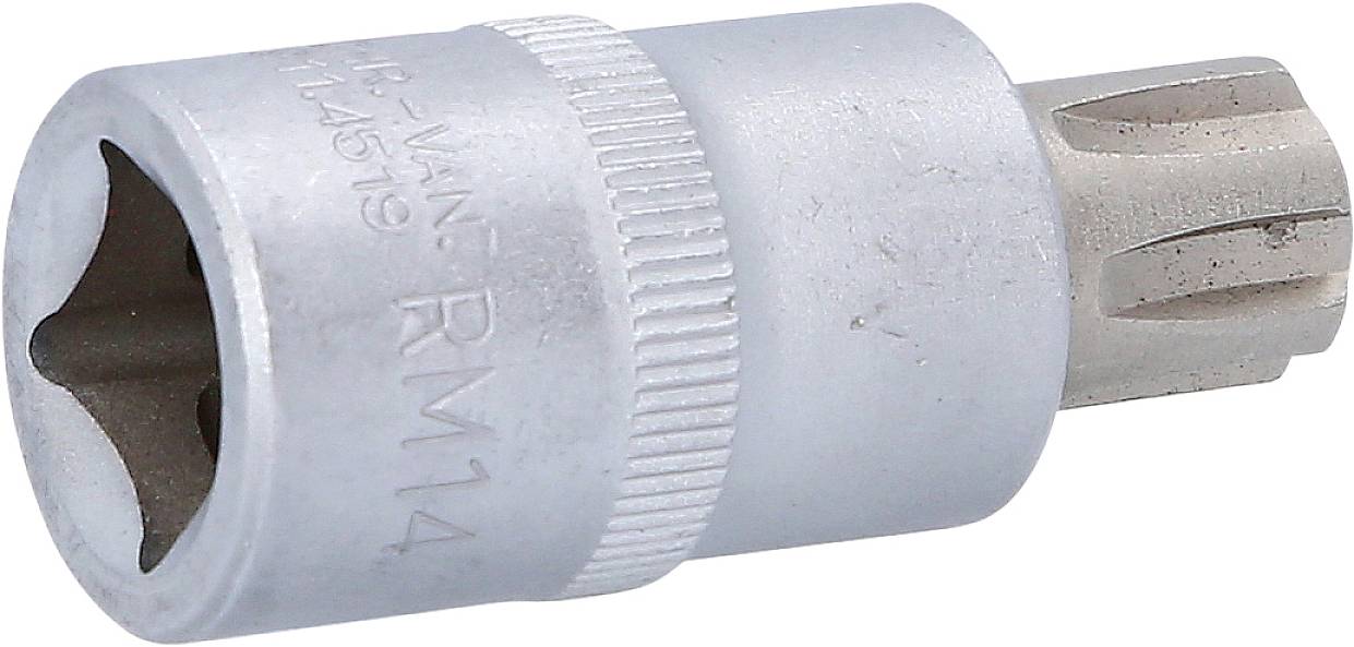 Ein silberner, zylindrischer Steckschlüsselaufsatz mit einer sechseckigen Öffnung und geriffelter Oberfläche, verwendet für Schraubbefestigungen.