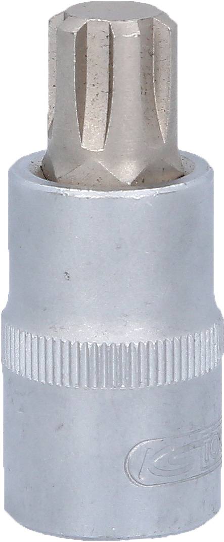 Ein silberner Torx-Bitaufsatz mit geriffeltem Griff für Werkzeuge. Zur Verwendung mit Schraubenziehern oder Ratschen geeignet.