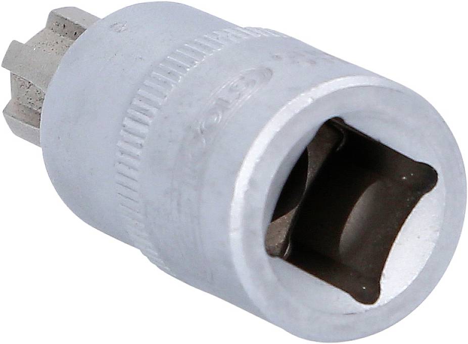 Schraubenschlüsselaufsatz aus Metall, zylindrisch, mit vierkantiger Aufnahmeöffnung und geriffeltem Griff für besseren Halt.