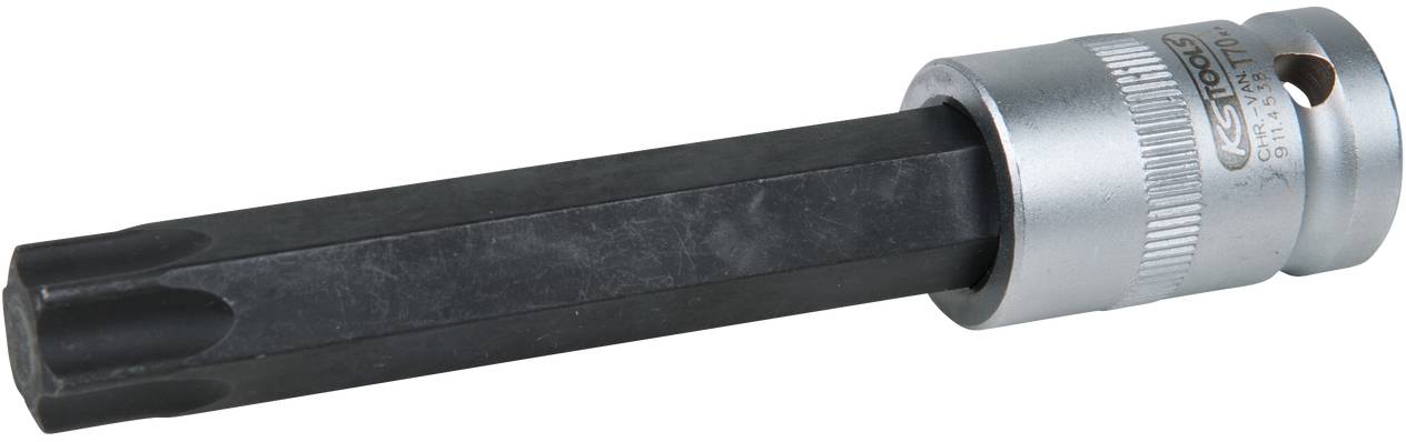 Ein sechskantiger Steckschlüsselaufsatz mit langem schwarzem Griff und silbernem Metallkörper liegt auf einer weißen Oberfläche.