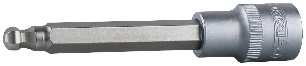 Bithalter aus Metall mit sechskantigem Schaft, gerilltem Griff und einer Kugel zur festen Arretierung von Bits in Bohrmaschinen.