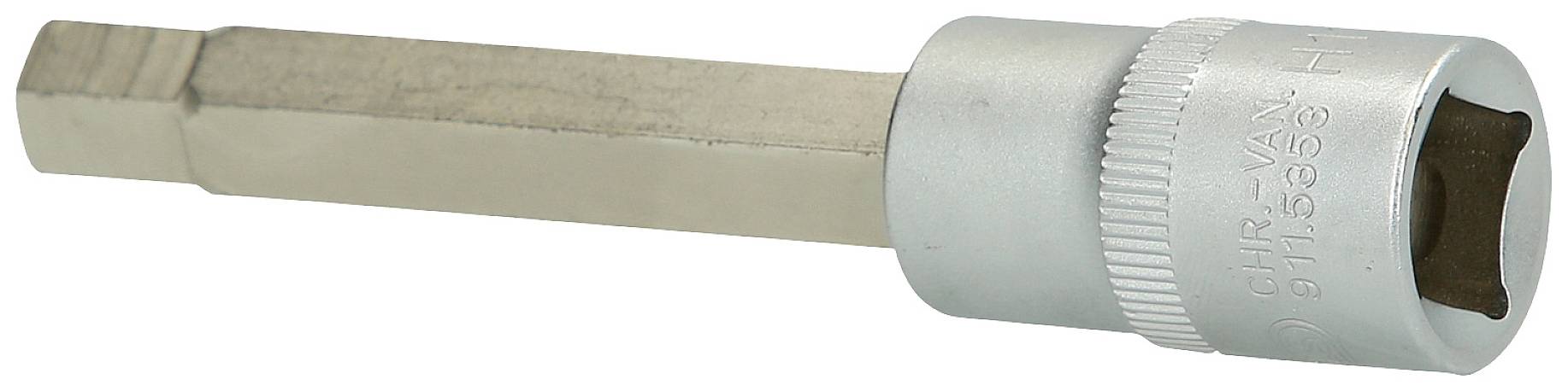 Metallischer Bit-Einsatz mit sechseckiger, länglicher Spitze und zylindrischem Griff, häufig für Schraubendreher oder Ratschen verwendet.