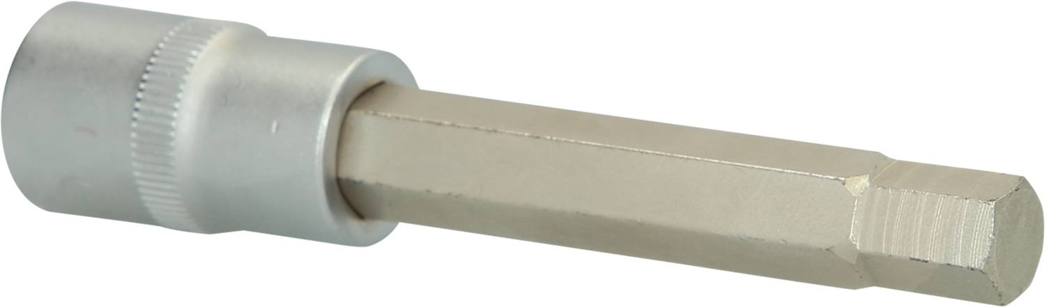 Ein silberner und goldener Sechskant-Bitaufsatz, verwendet für Schraubarbeiten, liegt isoliert auf einem weißen Hintergrund.