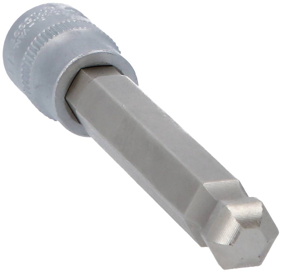 Ein silbernes sechskantiges Schraubendreher-Bit mit magnetischer Spitze, verwendet zum Befestigen von Schrauben in vielfältigen Materialien.