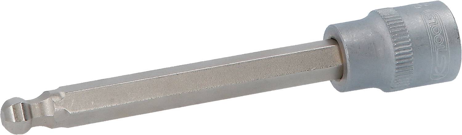 Ein silberner Steckschlüsselaufsatz mit sechskantigem Schaft und gezahntem Gehärteten Ende, geeignet für Werkzeuge im Handwerkerbereich.