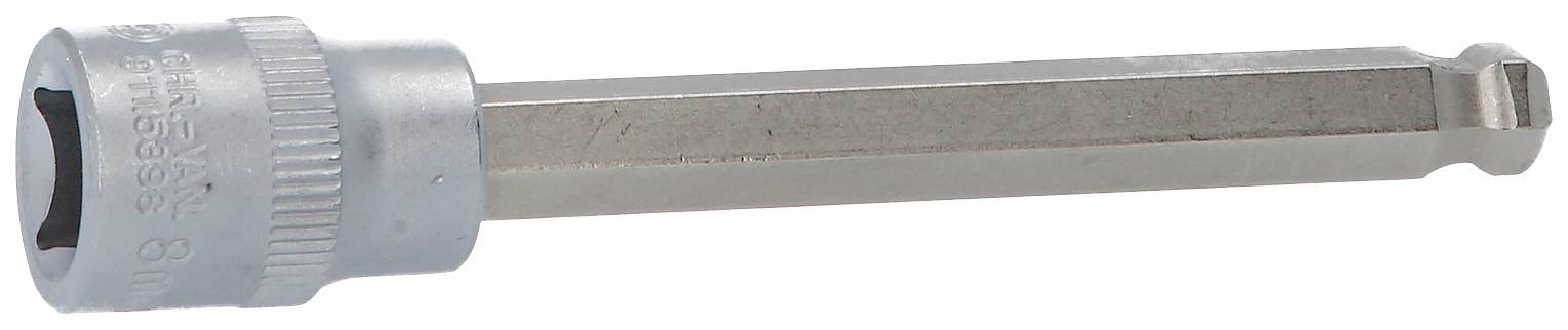 Ein langer Steckschlüsselaufsatz aus Metall, vermutlich für Sechskantschrauben, mit zylindrischem Kopf und sechskantigem Schaft.