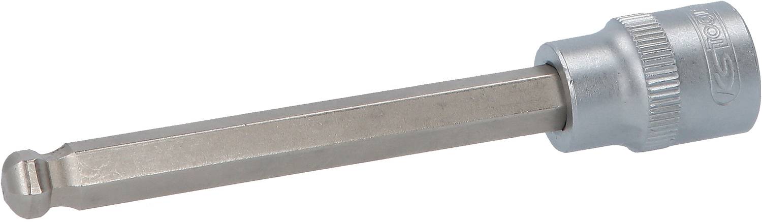 Metallischer Steckschlüssel, langer sechskantiger Schaft mit geriffeltem Griff, zum Anziehen und Lösen von Muttern und Schrauben.