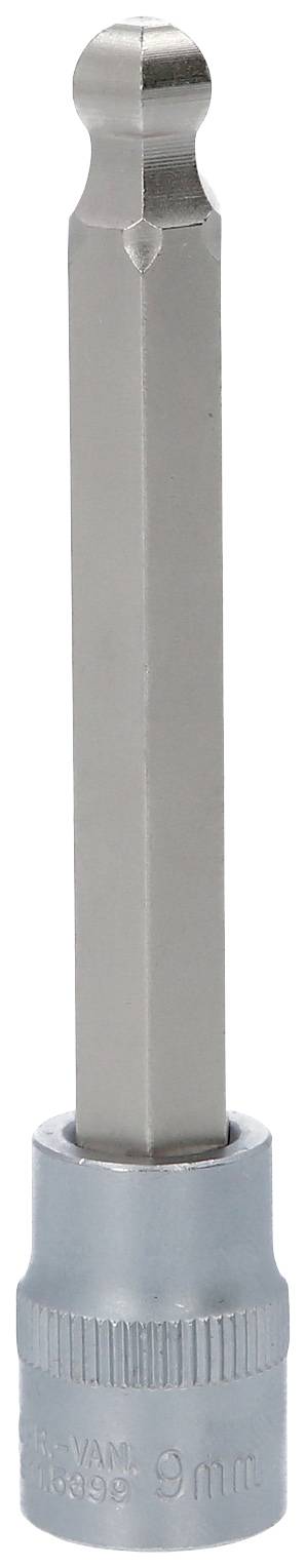 Ein silberner Steckschlüsselaufsatz mit einem sechskantigen Schaft und einer runden Spitze. Darunter ist die Größe '9 mm' eingraviert.