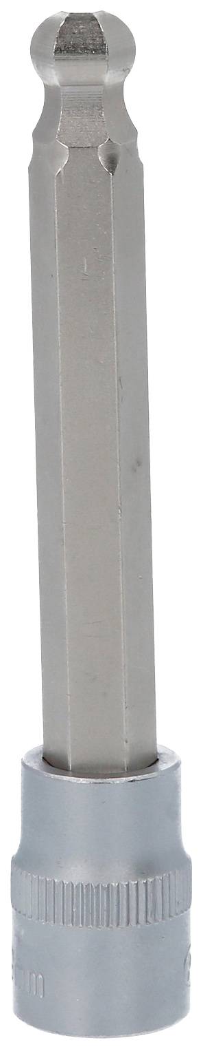 Ein silberner Steckschlüssel-Bit-Verlängerer mit sechseckigem Schaft und geriffeltem Ende, geeignet für Werkzeugaufnahme.