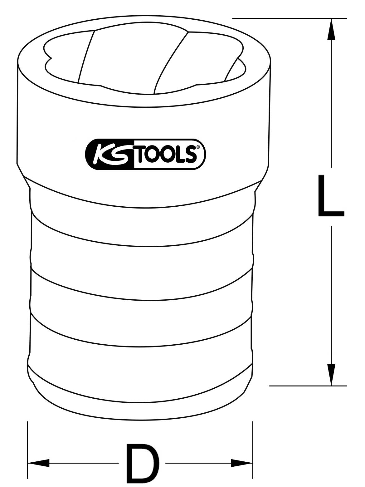 Zylindrisches Werkzeug von 'KS TOOLS' mit einem Durchmesser (D) und Länge (L) zur Größenbestimmung, keine weiteren Details sichtbar.