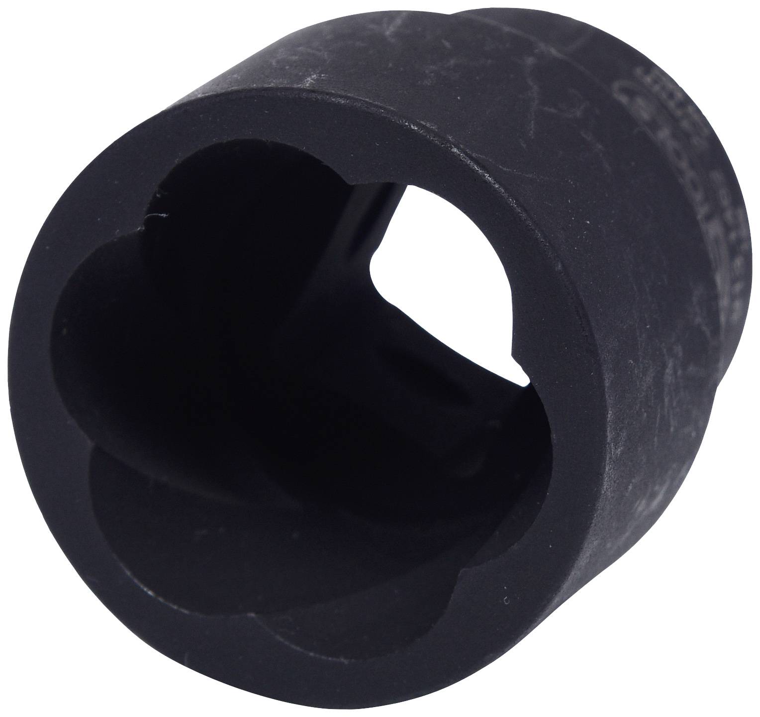 Schwarze Stecknuss mit irisförmiger Öffnung, geeignet für spezielle Schraubverbindungen oder Befestigungen.