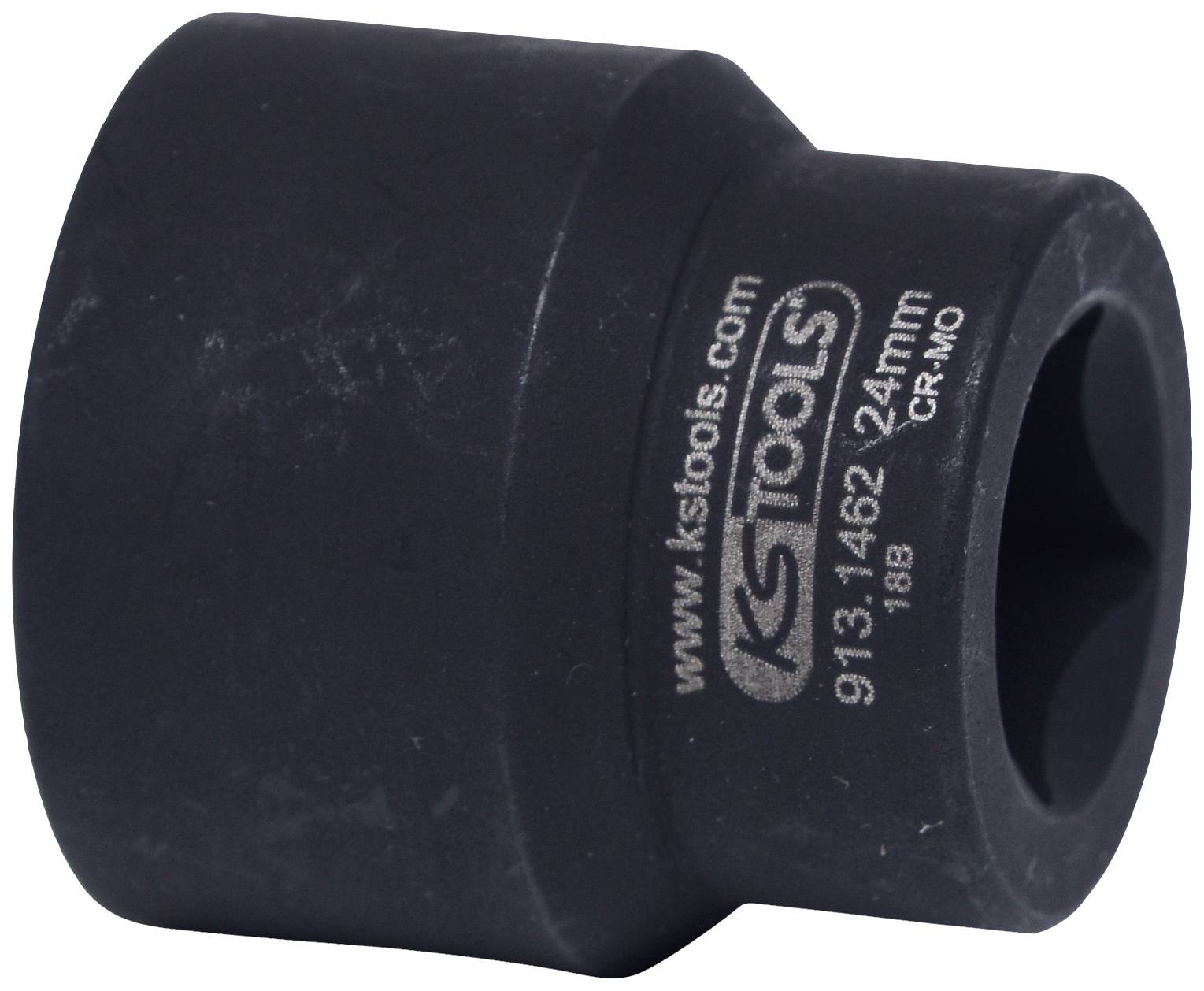 Schwarze Stecknuss von KS Tools, Aufschrift: 'www.kstools.com, 24 mm, 9/16-1/2, CR-MO'.