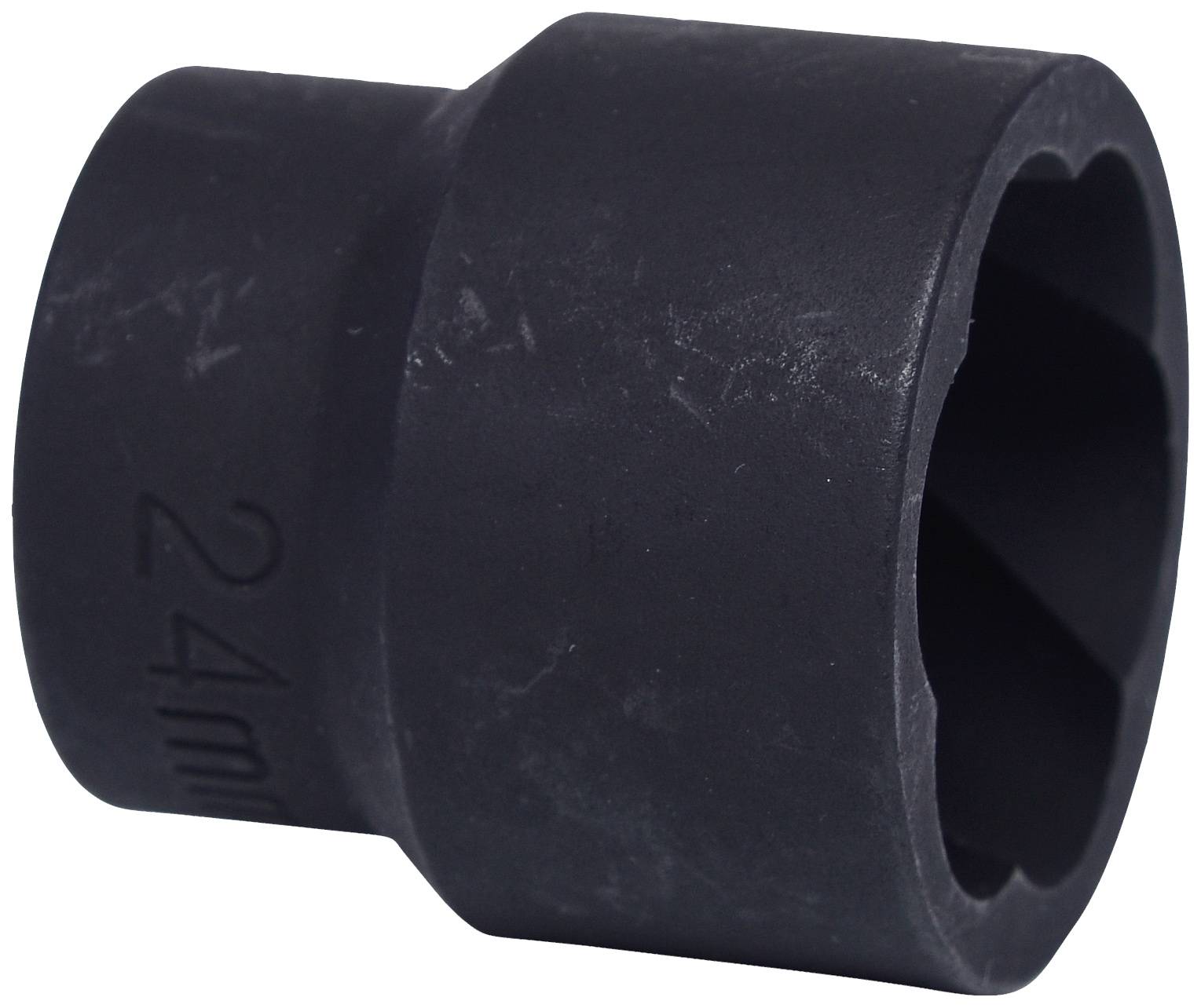 Schwarze, sechskantige Stecknuss mit der Aufschrift '24 mm' auf der Seite, verwendet für mechanische Zwecke.