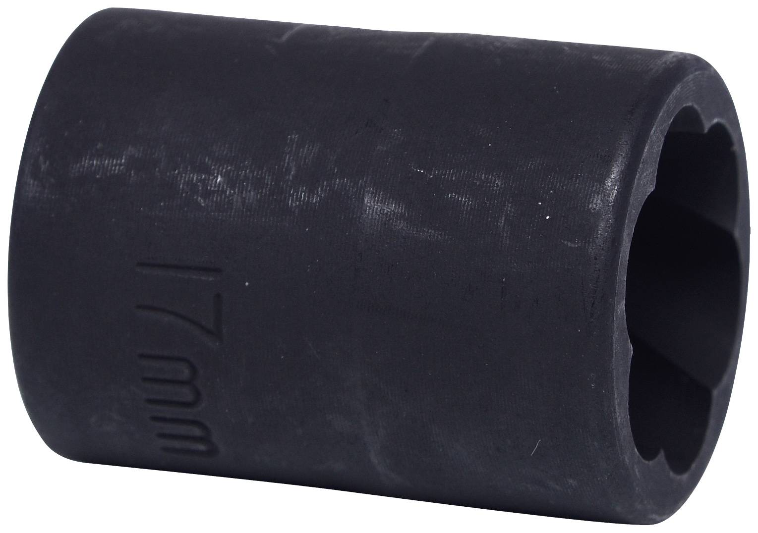 Schwarze, zylindrische Stecknuss mit einer Prägung '17mm', verwendet zum Anziehen oder Lösen von Muttern oder Schrauben.