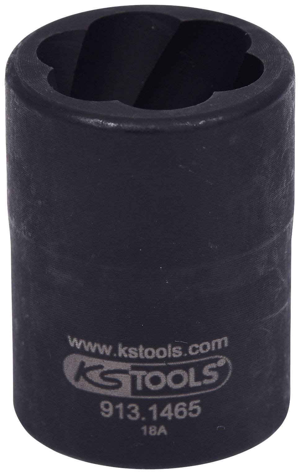 Schwarze Stecknuss mit geprägtem KS Tools Logo und der Aufschrift 'www.kstools.com 913.1465 18A', geeignet für technische Anwendungen.
