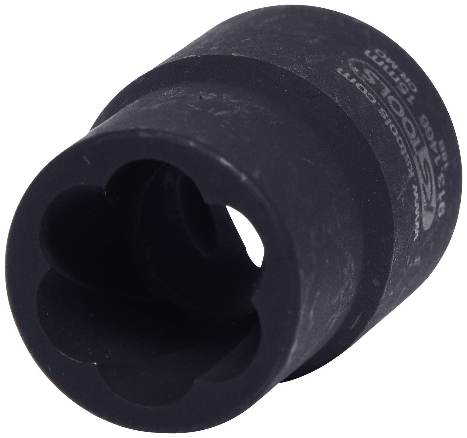 Ein schwarzer Steckschlüssel mit sechseckiger Öffnung, verwendet für die Montage und Demontage von Radmuttern.