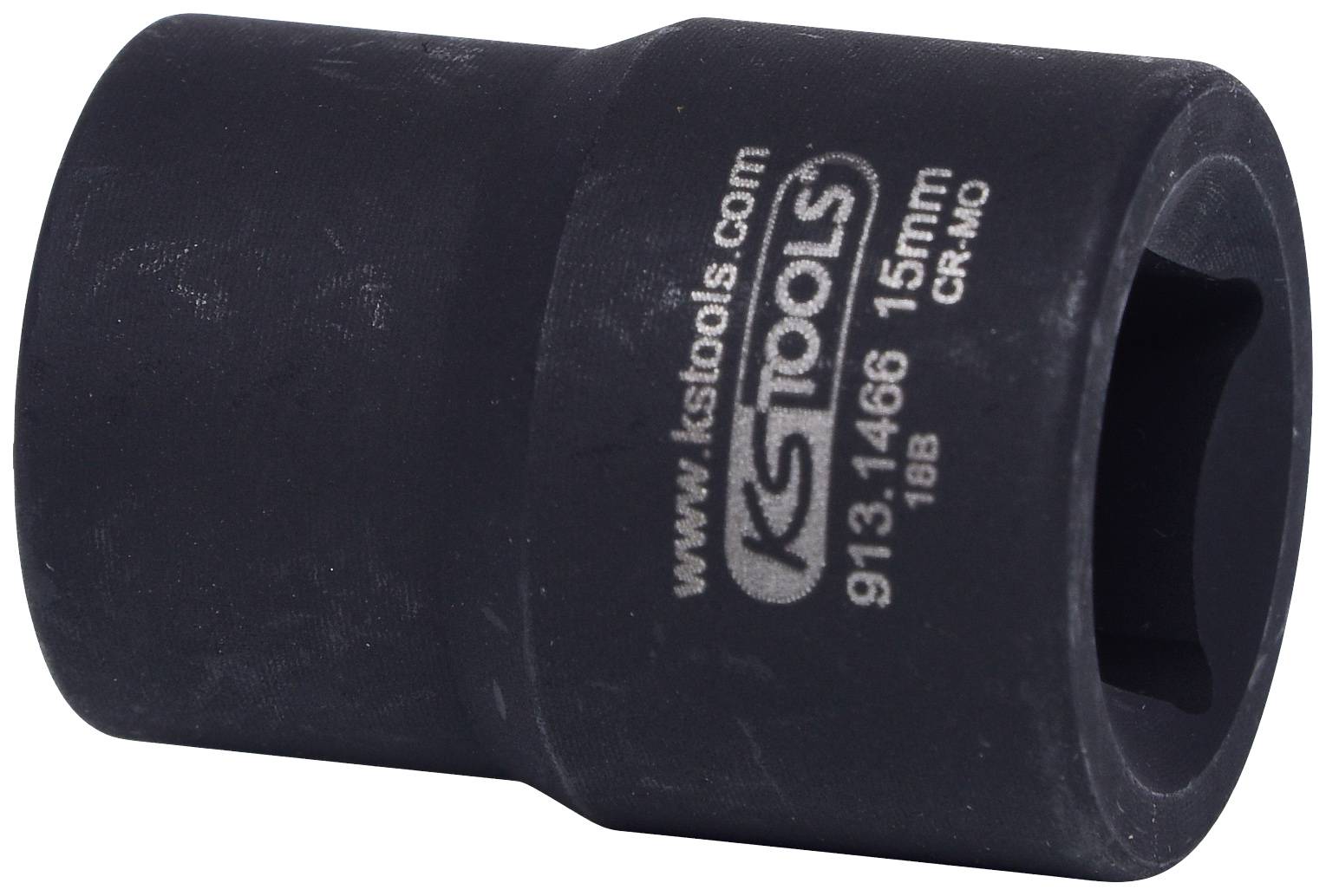 Eine schwarze Stecknuss mit der Aufschrift 'KS Tools 913.1466 15mm CR-MO', geeignet für den Einsatz mit einem Steckschlüssel.