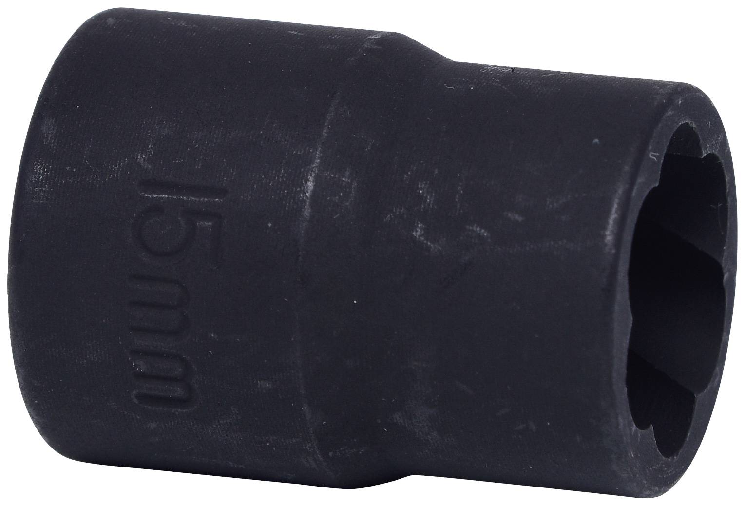 Ein schwarzer Sechskant-Steckschlüssel mit der eingravierten Aufschrift '15 mm'.