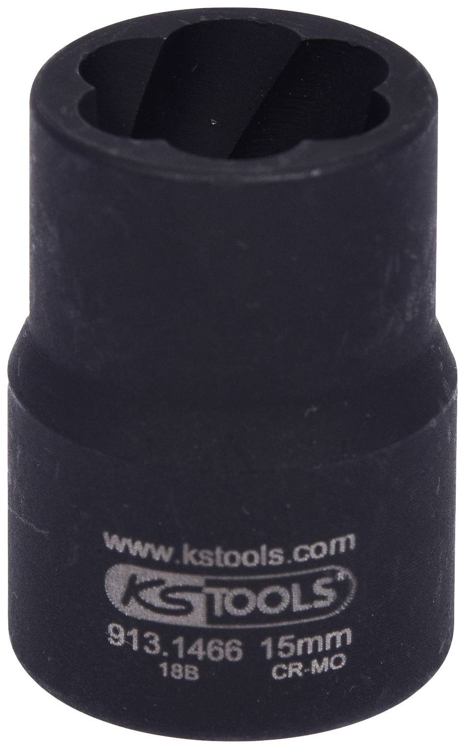 Stecknuss, 15 mm, von KS Tools, schwarzes Material. Verwendet zum Anziehen oder Lösen von Schraubenmuttern.