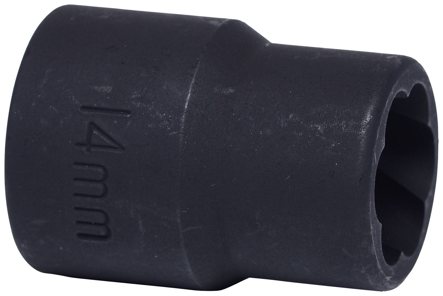 Ein schwarzer Steckschlüssel mit der Aufschrift '14 mm', geeignet für die Arbeit mit Schraubmuttern oder -bolzen dieser Größe.