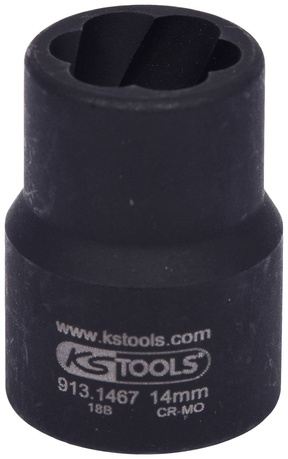 Eine schwarze Stecknuss von KS Tools, Modellnummer 913.1467, 14 mm, aus CR-MO-Stahl.