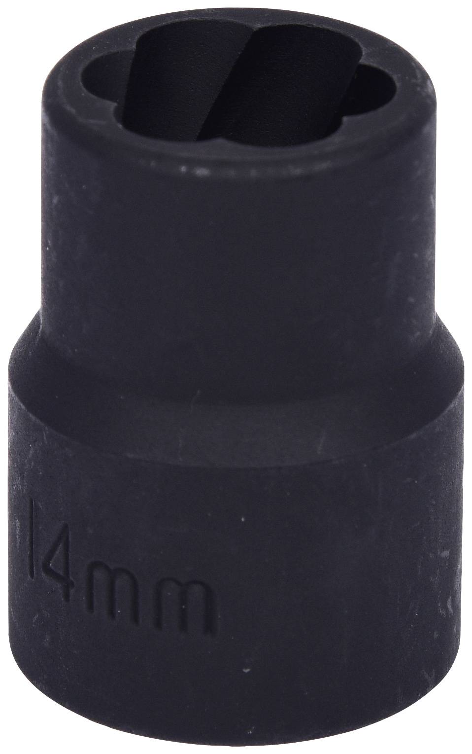 Schwarzer 14-mm-Steckschlüsseleinsatz, zylindrische Form, aus mattem Metall. Geeignet für Schraubarbeiten im Maschinenbau.