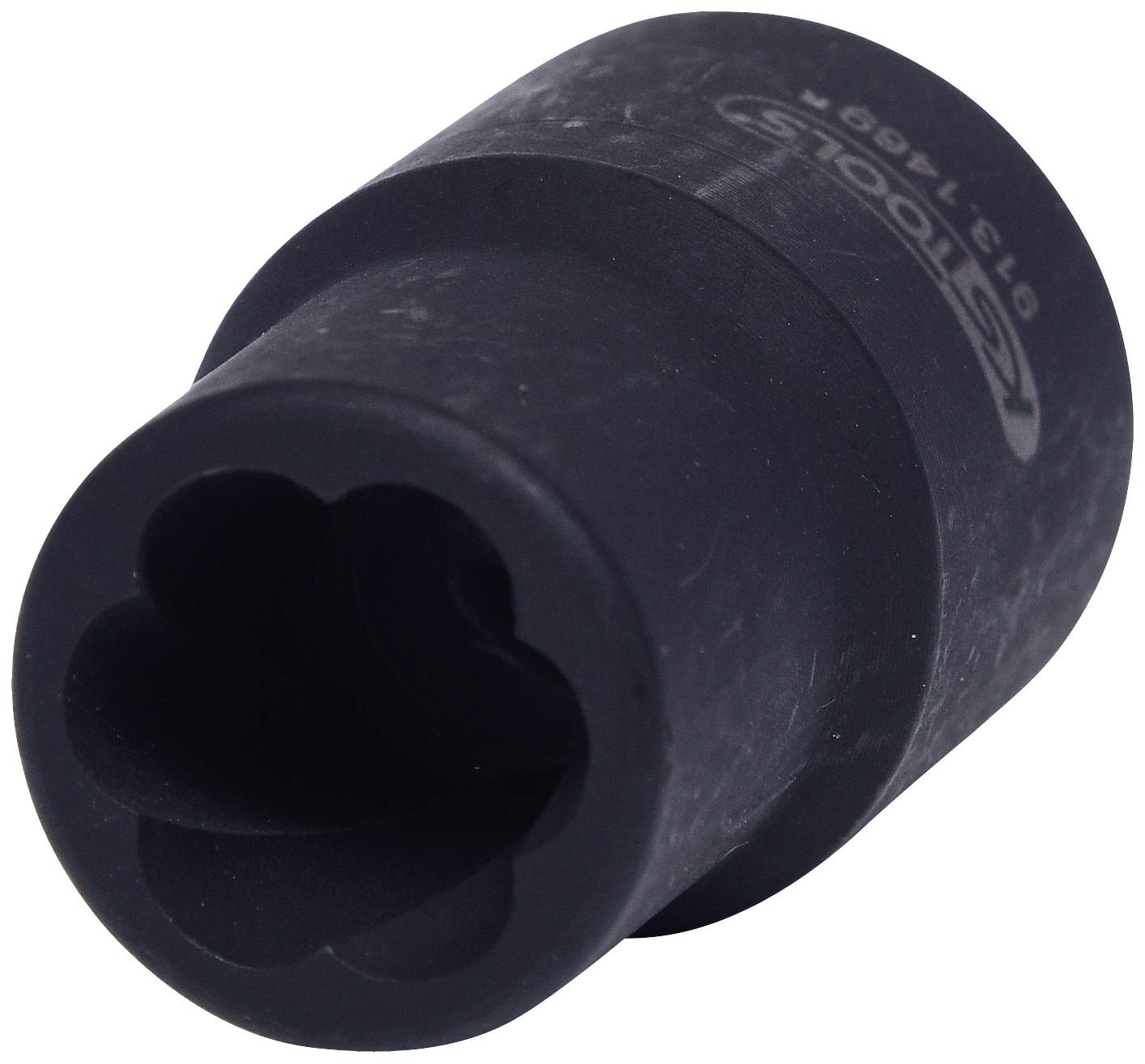Schwarzer Steckschlüsseleinsatz mit einer speziellen Innensechskantform und der Aufschrift 'KS Tools'.
