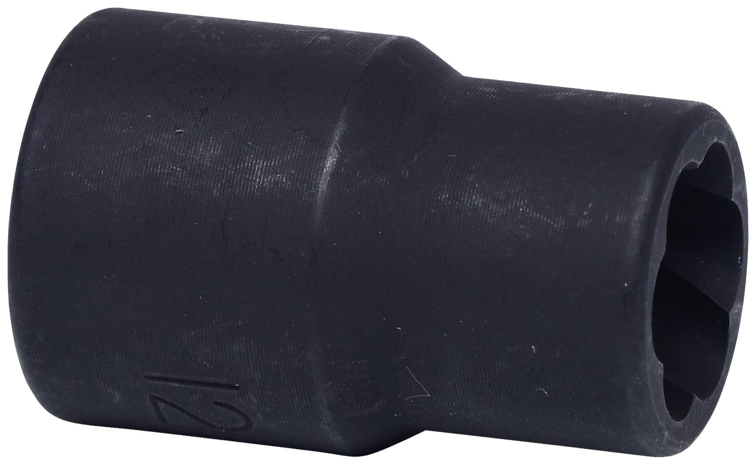 Ein schwarzer Metallaufsatz mit einer sechseckigen Öffnung, vermutlich ein Werkzeugaufsatz oder -adapter.