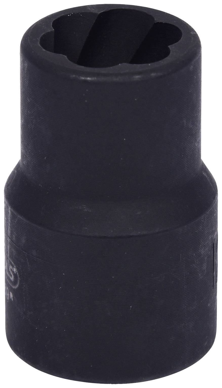 Ein schwarzer Steckschlüsselaufsatz mit sechskantiger Öffnung, geeignet zum Lösen oder Festziehen von Schraubenmuttern.