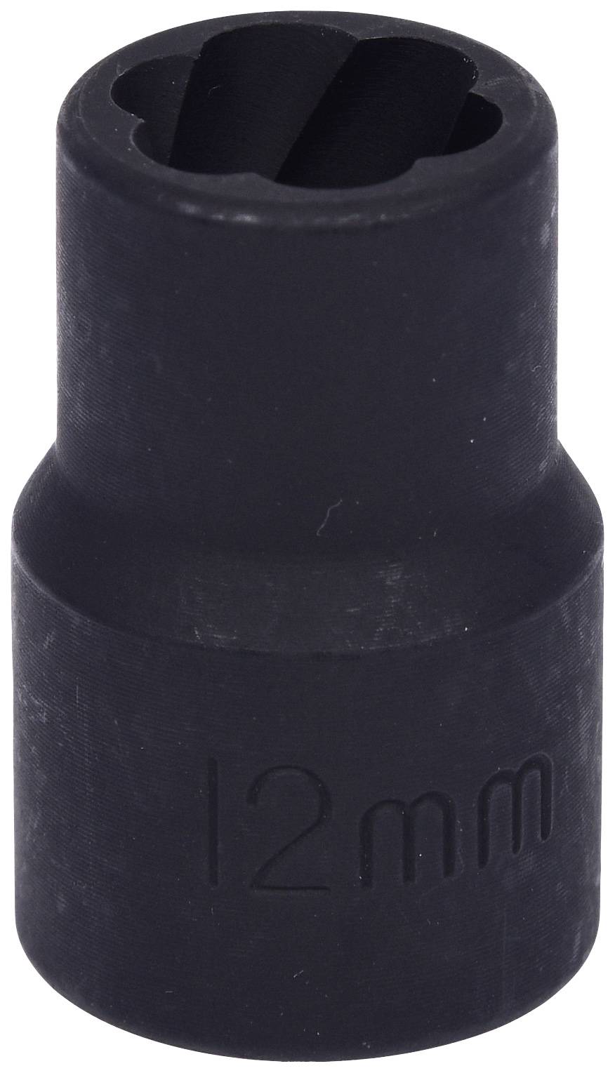 Eine schwarze Stecknuss mit der Aufschrift '12 mm', vermutlich aus Metall, für den Einsatz mit einem Ratschenschrauber.