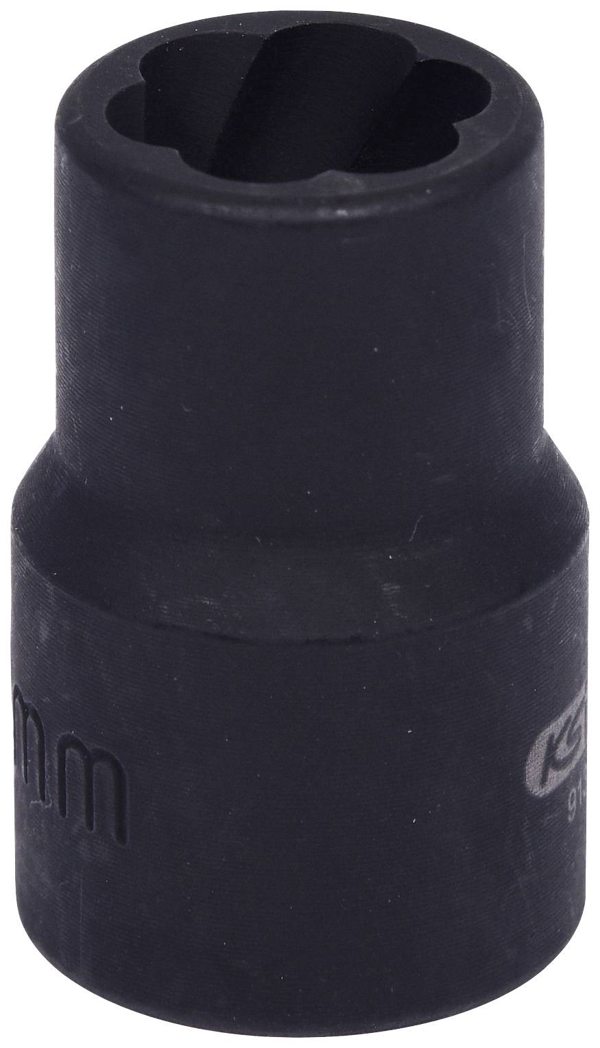 Eine schwarze Stecknuss verwendet für Muttern und Schrauben, zylindrische Form, graue Markierungen auf der Oberfläche.