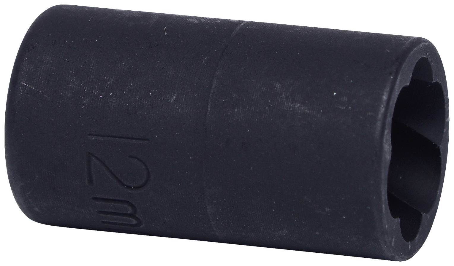 Ein schwarzer, zylindrischer Steckaufsatz mit der Prägung '12 mm'.