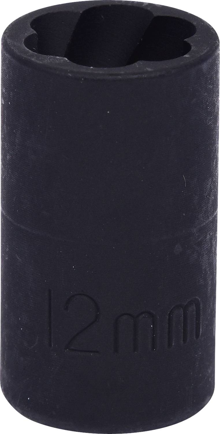 Schwarze Stecknuss für eine 12 mm Sechskantmutter oder -schraube, geeignet für den Einsatz mit einem Steckschlüssel.