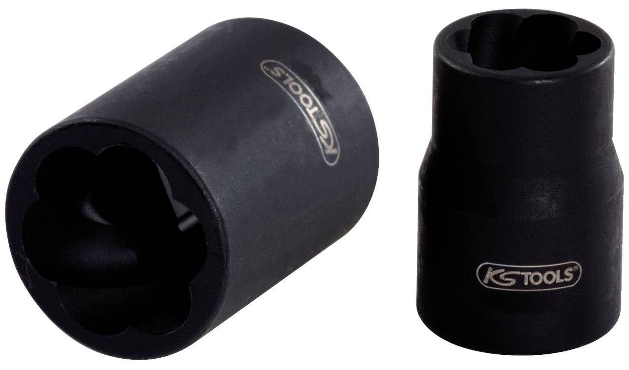 Zwei schwarze Stecknüsse von KS Tools, eine liegend und eine stehend. Sie haben ein spezielles Innenprofil für beschädigte Schrauben.
