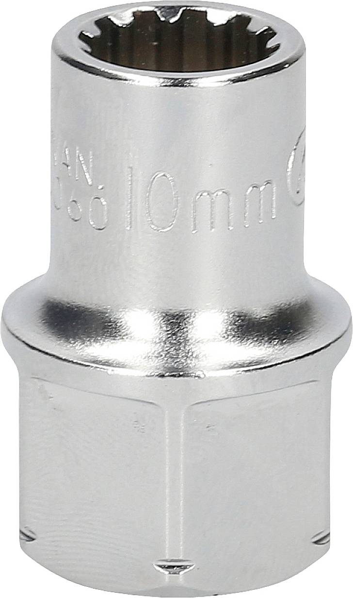 Stecknuss, 10 mm, aus glänzendem Metall, zeigt zylindrische Form mit geriffeltem Innenraum, wird für Schraubarbeiten verwendet.