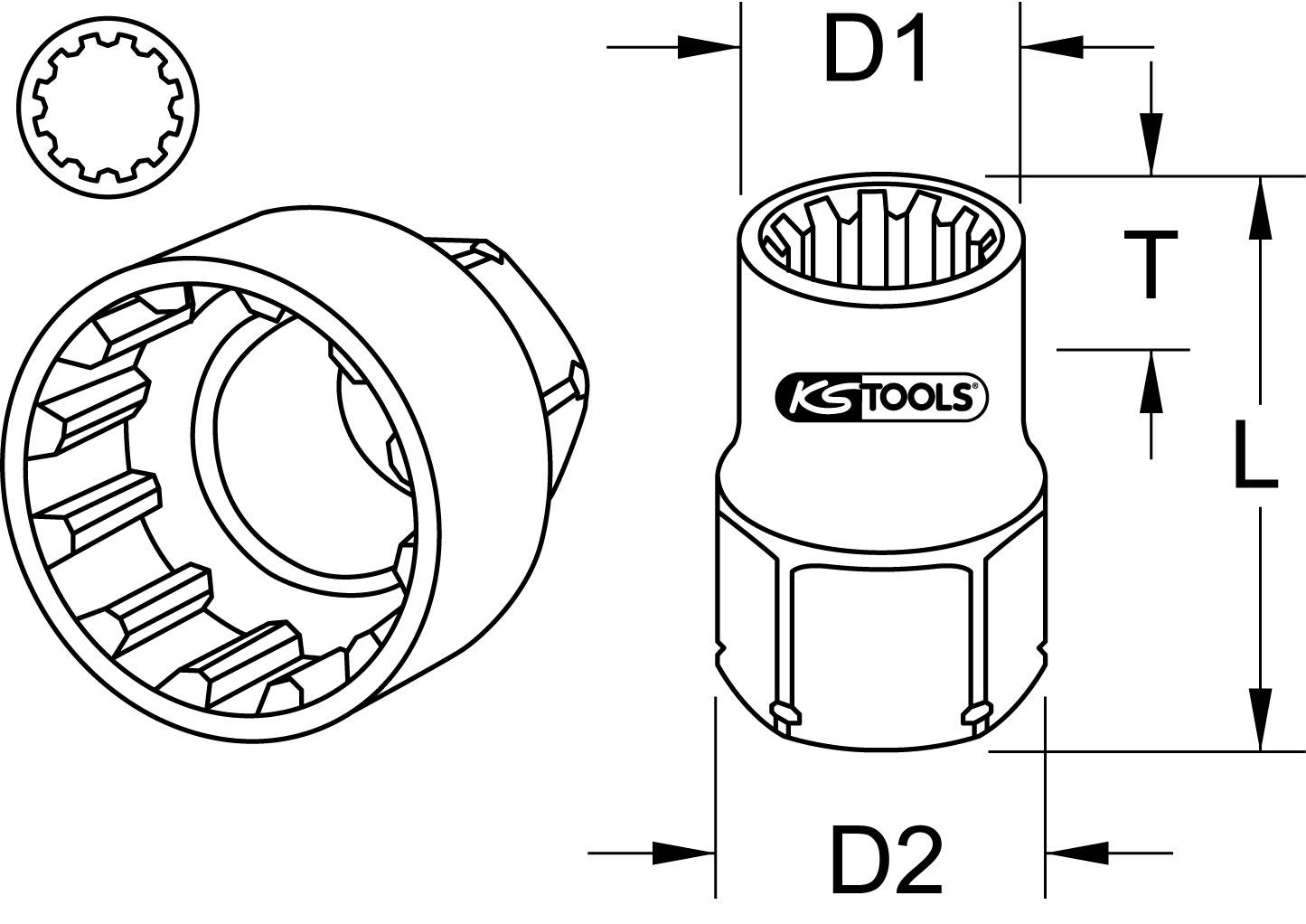 Schema einer Mehrzahn-Stecknuß mit Maßen: D1, D2, T, L. KS Tools-Logo sichtbar. Aufnahmeprofil im Detail gezeigt.