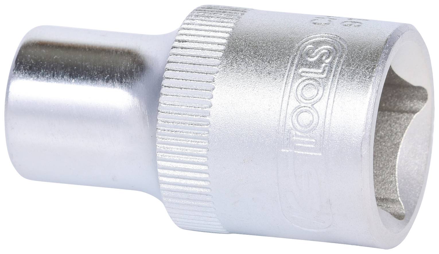 Metall-Stecknuss, zylindrische Form, gerändelte Oberfläche, geprägt mit 'TOOLS'. Hauptsächlich für Schraubenarbeiten verwendet.