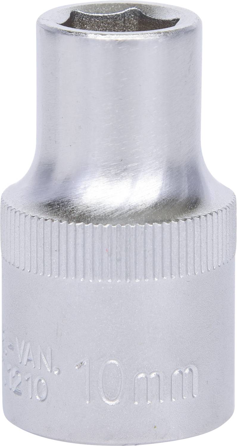 Silberne 10 mm Stecknuss mit geriffeltem Griff, geeignet für mechanische Arbeiten.