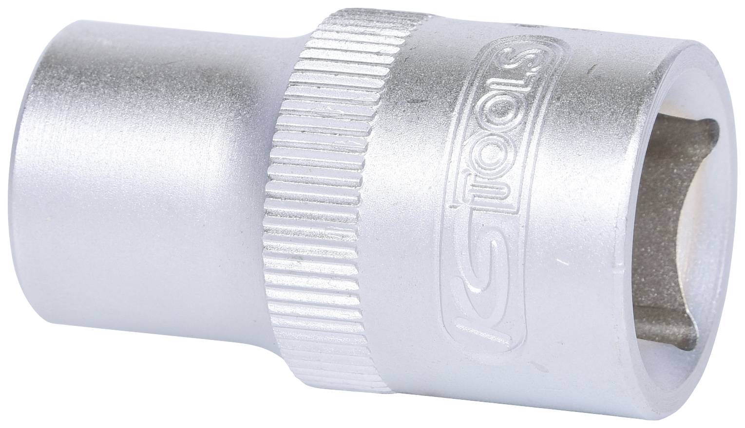 Silberne Stecknuss mit sechs Ecken, geeignet für Werkzeugeinsatz in handwerklichen Tätigkeiten. Geprägtes Logo an der Seite.