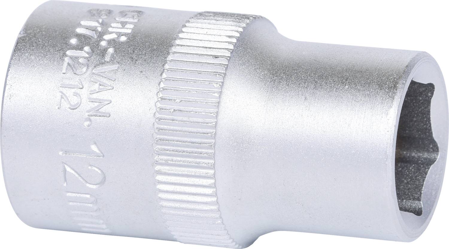 Steckschlüssel, 12 mm, aus silberfarbenem Metall, zeigt eine sechseckige Öffnung und geriffelte Außenseite für besseren Halt.