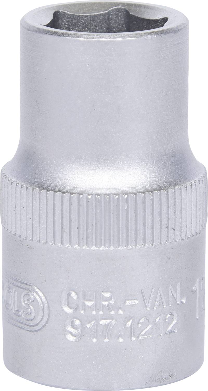 Metallische Sechskant-Steckschlüssel-Nuss mit Riffelung für besseren Griff, Aufschrift auf der Seite.