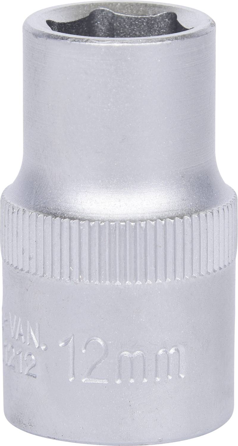 Metallische 12mm Stecknuss, seitlich fotografiert, mit geriffeltem Griff für besseres Halten.
