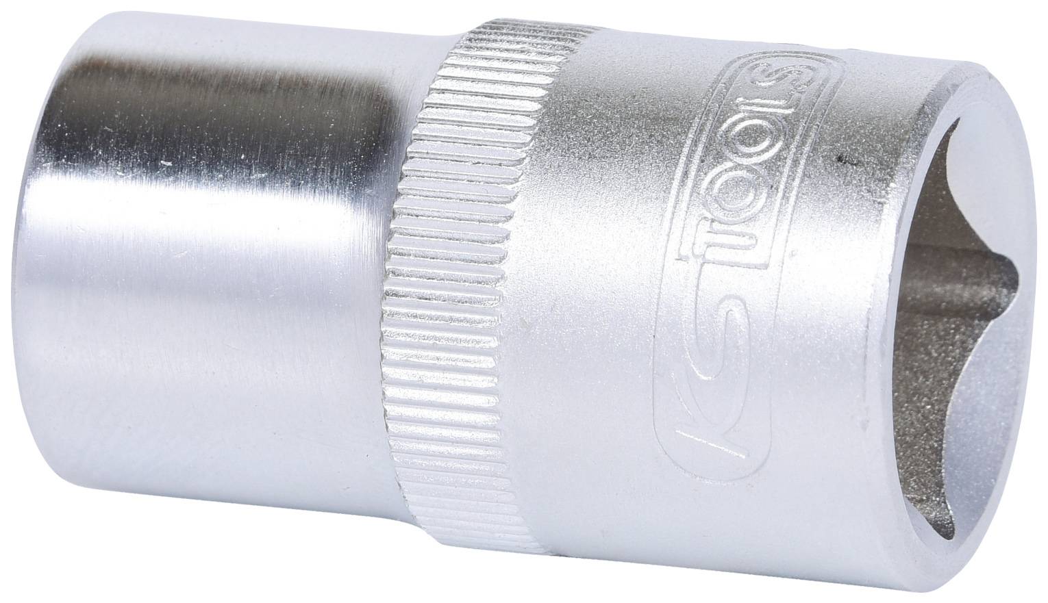 Eine silberne Stecknuss mit gerändeltem Griff und sechsseitiger Öffnung zur Verwendung mit einer Ratsche.