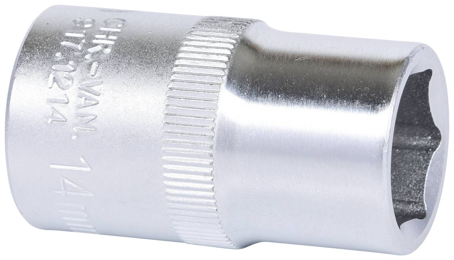 Eine silberne Stecknuss mit Prägung '14 mm' auf der Seite, aus Chrom-Vanadium-Stahl, zylindrisch mit geriffeltem Bereich.