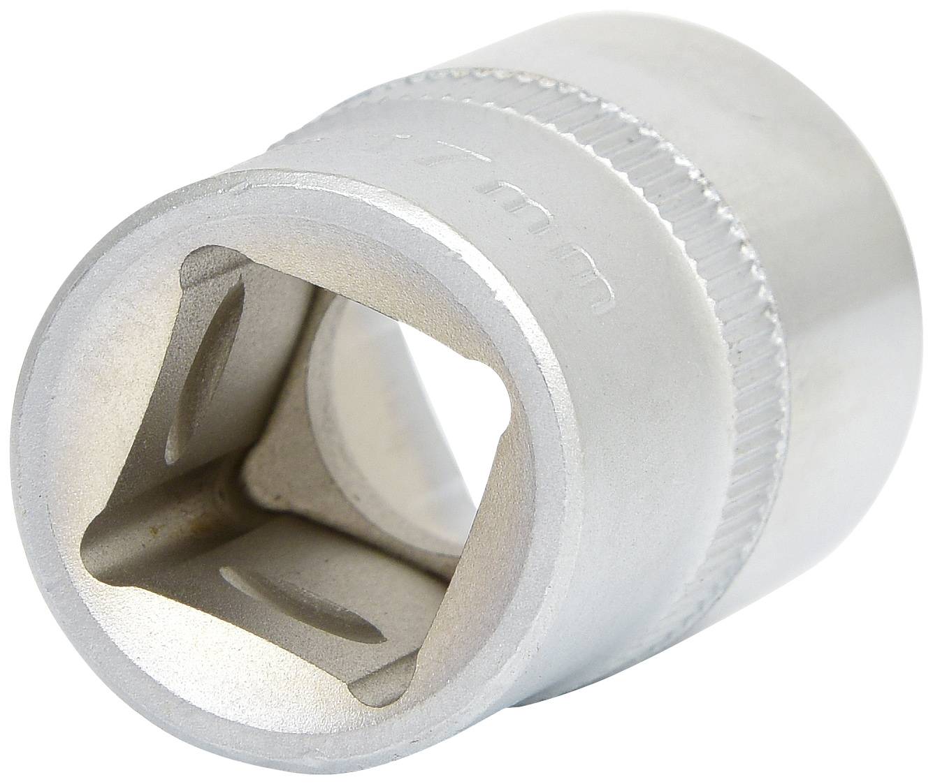 Metallschraubenschlüsselaufsatz, zylindrisch, silberfarben, mit quadratischer Öffnung für Verschraubungen, Nahaufnahme.