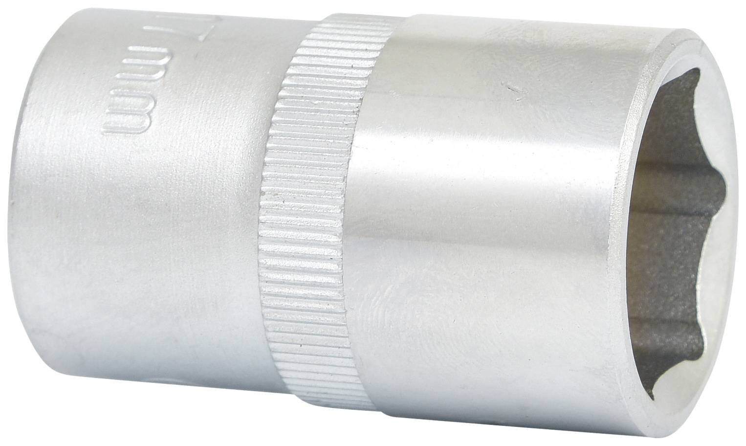 Eine silberne, zylindrische Stecknuss mit geriffelter Oberfläche, die die Größe '10 mm' trägt. Sie dient zum Anziehen von Schrauben oder Muttern.