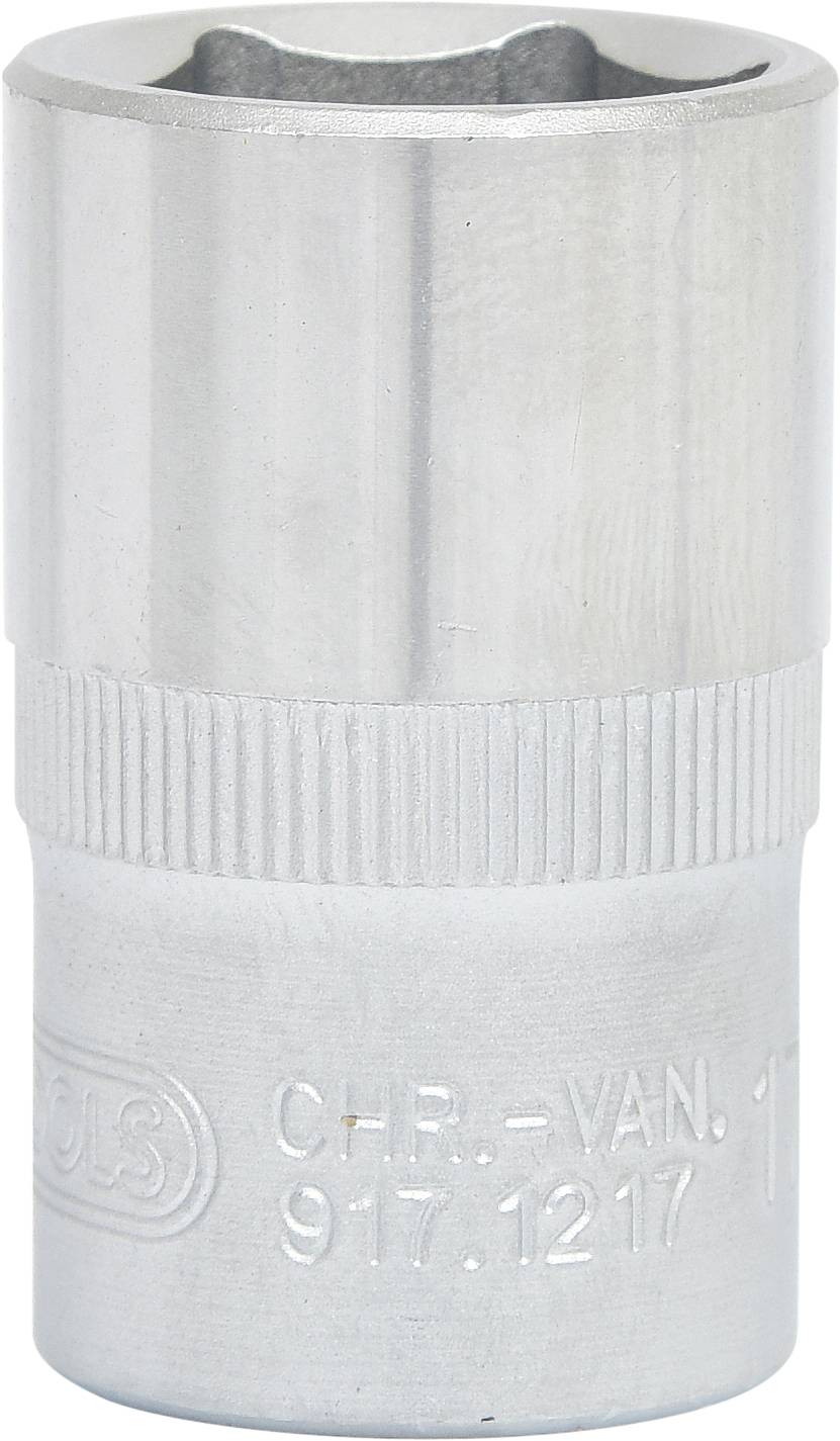 Metall-Stecknuss mit Riffelung, Sechskantprofil und eingravierter Beschriftung, verwendet zum Anziehen von Muttern und Schrauben.