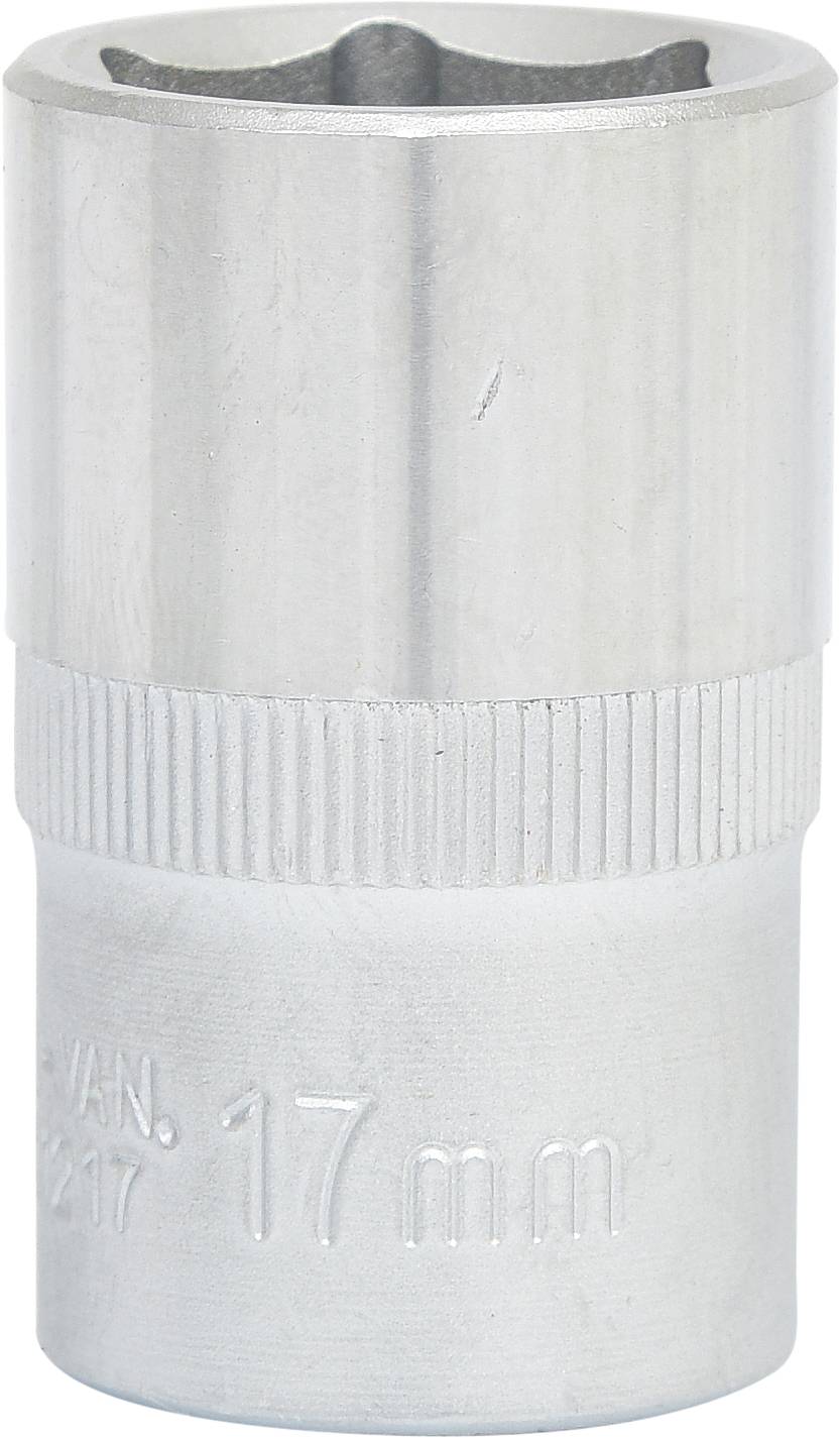 Ein silberfarbener Steckschlüsselaufsatz aus Metall mit einer 17 mm Markierung, verwendet für Schraubverbindungen.