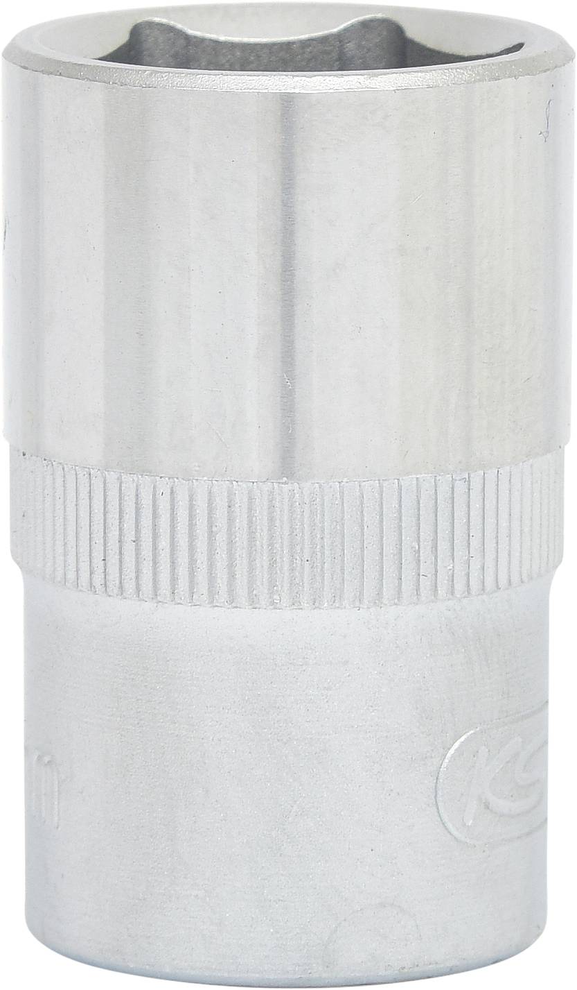 Chromfarbene Stecknuss mit geriffeltem Griff, zylindrische Form, häufig für das Anziehen oder Lösen von Schrauben und Muttern verwendet.